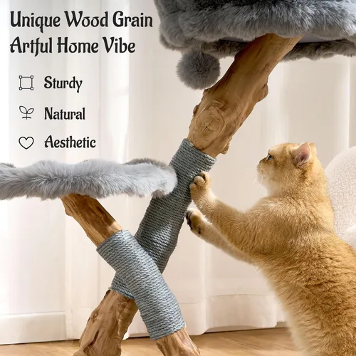 Miniatura 4 de Árbol para gatos de madera natural para gatos adultos de interior, torre de gatos moderna de 33 pulgadas con cama de felpa súper suave y percha
