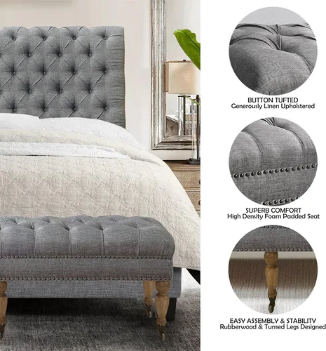 Miniatura 4 de Rosevera Berta - Tapa tapizada de poliéster con cabeza de clavo rectangular para sala de estar, reposapiés, dormitorio, entrada, banco de tamaño Gris