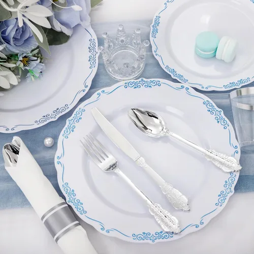 Miniatura 4 de DaYammi 350 piezas de platos de plástico azules y blancos desechables para fiestas, incluyen 50 platos de cena, 50 platos de postre, 50 servilletas