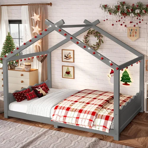 Miniatura 13 de Camas de madera Montessori tamaño individual, cama de plataforma para niños con cabecero y estribo, cama de tienda de campaña, no necesita somier