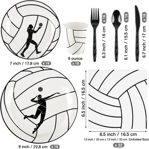 Miniatura 2 de durony 130 piezas de suministros de fiesta de voleibol, mantel de plástico, platos, tazas, servilletas, cubiertos, voleibol, decoraciones