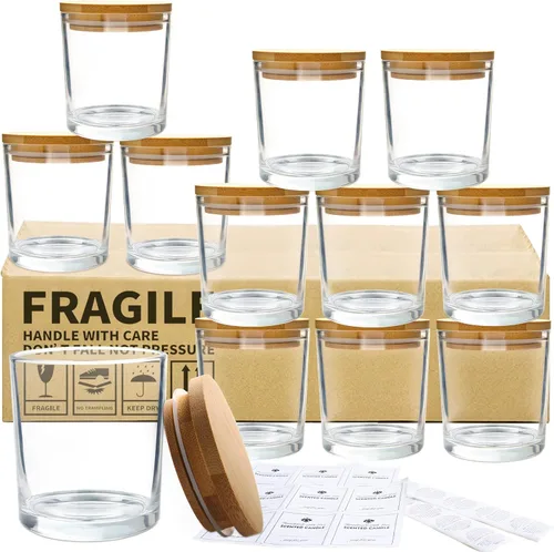 CONNOO Paquete de 12 frascos de velas de vidrio transparente de 10 oz con tapas de bambú para hacer velas, frascos de velas vacíos de tamaño grande