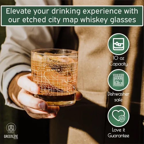 Miniatura 5 de Greenline Goods Vasos de Whisky - Juego de Regalo de Vaso Tumbler de 10 Oz para Amantes de Denver, Grabados con Mapa de Denver Vaso Old Fashioned