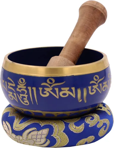 Miniatura 2 de DharmaObjects ~ Juego de cuencos tibetanos OM MANI con mazo, cojín de brocado y bolsa de transporte, para meditación, curación de chakras, oración