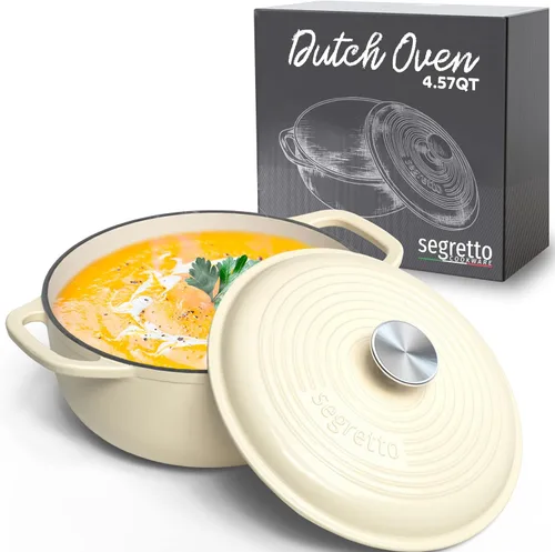 Segretto Cookware Olla Holandesa de Hierro Fundido Esmaltado con Tapa 4.57 Cuartos, Bianco Perla (Blanco Hueso) Horno Holandés Esmaltado Blanco de