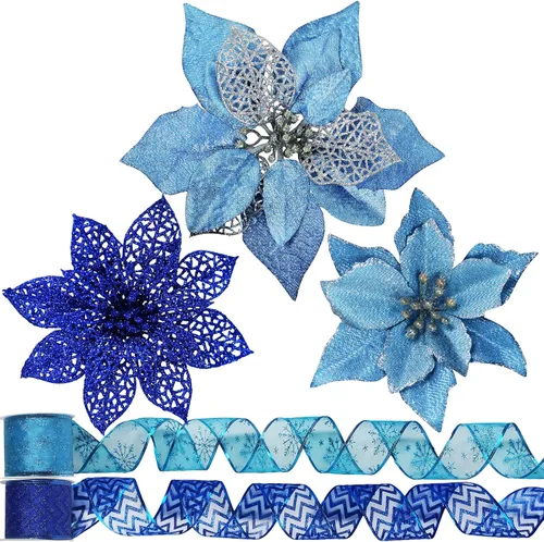 Winlyn Púas de flores de Pascua de Navidad de 3 estilos, adornos para árbol de Navidad y 12 yardas, cinta decorativa con alambre para árbol de Azul