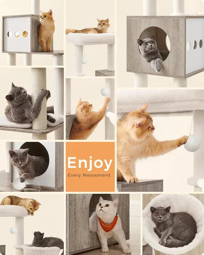 Miniatura 6 de Feandrea Árbol para gatos con recinto para caja de arena, torre para gatos moderna 2 en 1, condominio para gatos de 70.8 pulgadas de alto con postes