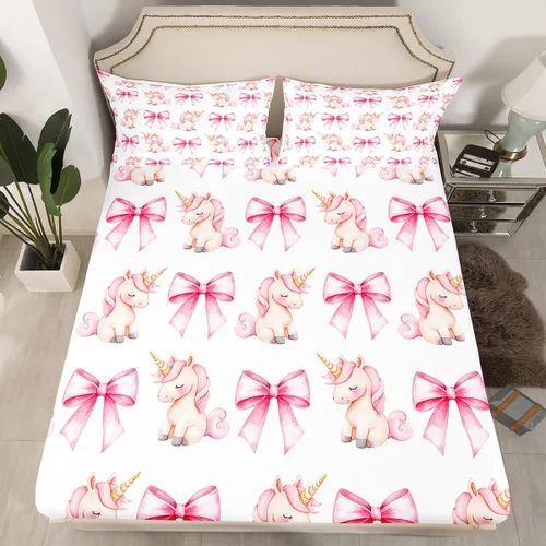 Miniatura 15 de Sábana bajera con lazo azul tamaño individual, juego de ropa de cama de princesa con cerezas, estrellas y flores margaritas de dibujos animados