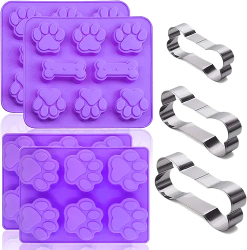 Juego de 7, 4 moldes de silicona en forma de pata y hueso de cachorro y perro, 3 paquetes de cortador de galletas de hueso de acero inoxidable, para