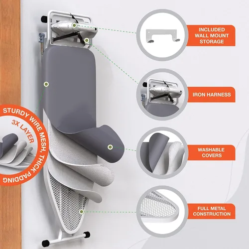 Miniatura 4 de Xabitat Tabla de planchar de tamaño completo de 57 x 15 pulgadas con colgador de montaje en pared, construcción de metal completo, organizador