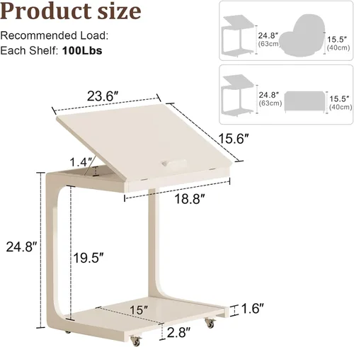 Miniatura 6 de AQIMUELE Mesa auxiliar de madera en forma de C, escritorio de sofá con 2 ruedas con cerradura, mesa de sofá de 4 niveles con bolsa de Natural