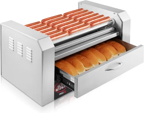 Miniatura 3 de Olde Midway Máquina eléctrica de 18 Hot Dog con 7 rodillos para parrilla con cajón de calentamiento de bollo, grado comercial, acero inoxidable