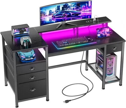 Furologee Escritorio para juegos de 52 pulgadas con luces LED y tomas de corriente, escritorio reversible para computadora con 4 cajones, archivador