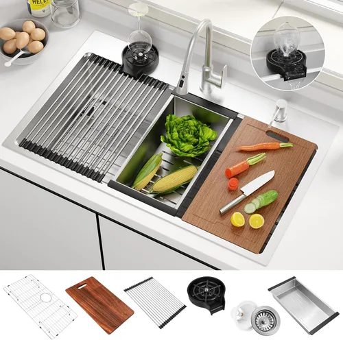 Miniatura 8 de Fregadero de cocina de acero inoxidable de 30 pulgadas, calibre 16, estación de trabajo de cuenco único, empotrado, montaje superior de 2 agujeros