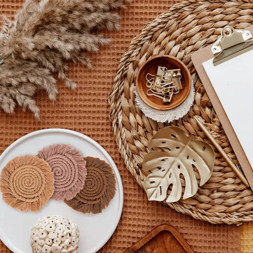 Miniatura 5 de Whaline Juego de 4 posavasos de macramé bohemios tejidos hechos a mano para bebidas, tapete bohemio con borla para tipos de tazas y tazas, café