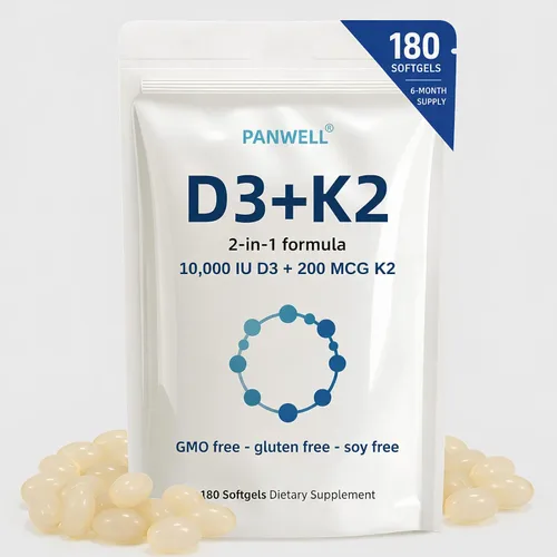 PANWELL Vitamina D3 K2 10000 UI cápsulas blandas con MK-7 200 mcg, suplemento D3 K2 con aceite de coco, apoya la absorción de calcio, hueso, dientes