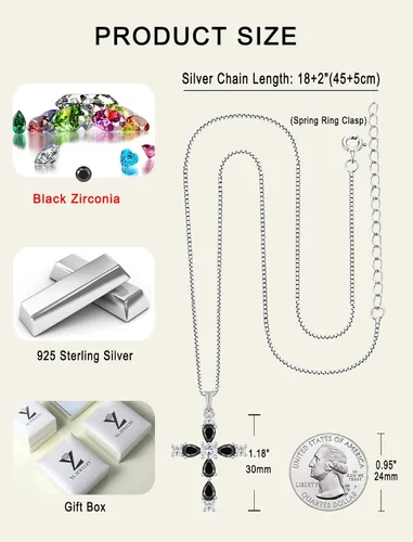 Miniatura 111 de YL Collar de cruz de plata de ley 925 con colgante de piedra natal religiosa para mujer
