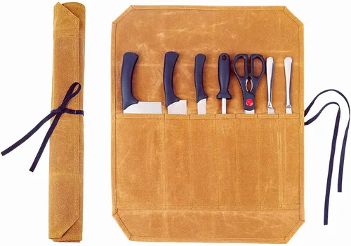 Miniatura 12 de Bolsa de rollo de cuchillo de lona encerada resistente, bolsa portátil para cuchillos de chef, duradera (verde militar)