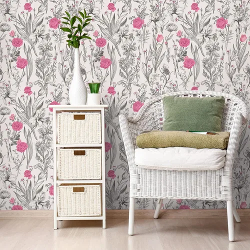 Miniatura 4 de VEELIKE Papel tapiz de dibujo floral gris para despegar y pegar, papel tapiz de flores rosas de 17.7 x 118 pulgadas, papel de pared botánico vintage
