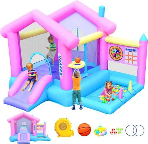 Miniatura 8 de Casa inflable para saltar para niños de 3 a 10 años, castillo hinchable de 123" L x 110", para saltar, con tobogán, aro de baloncesto, fosos