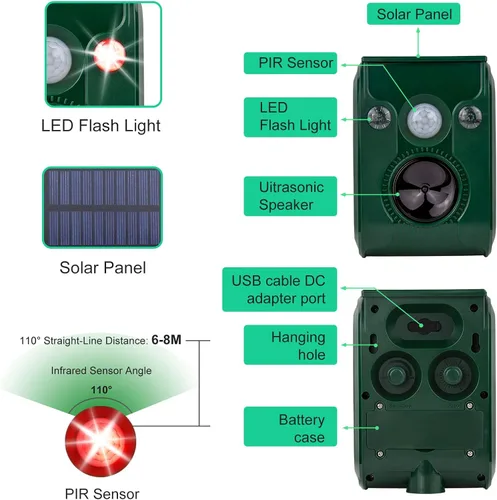 Miniatura 3 de Repelente solar de animales. Repelente ultrasónico de animales. Con luz LED intermitente y alarma para expulsar gatos, perros, ardillas, ciervos