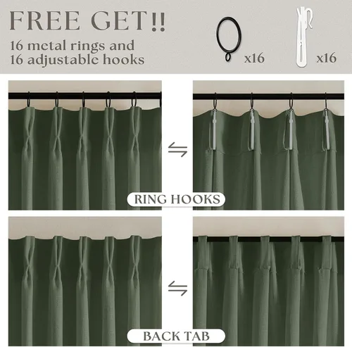 Miniatura 28 de Cortinas de lino natural con pliegues fruncidos de 120 pulgadas de largo para sala de estar, cortinas plisadas con ganchos y lengüeta trasera