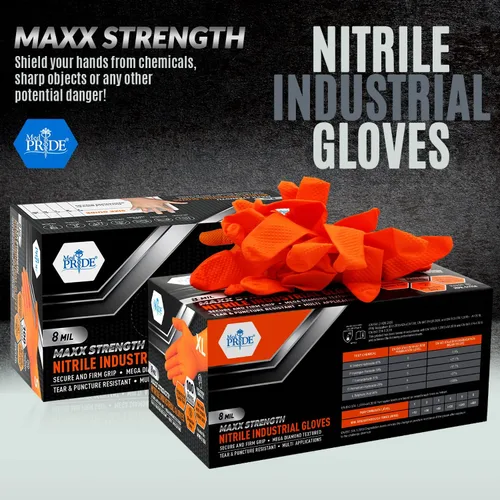 Miniatura 2 de MED PRIDE Maxx Strength - Guantes industriales de nitrilo naranja, 8 mil de grosor, textura de diamante, desechables, resistentes, resistentes a