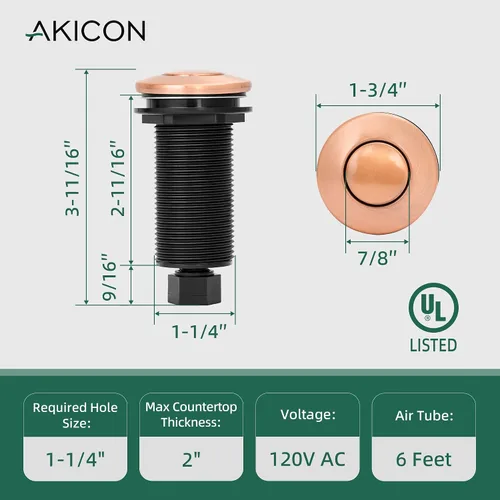 Miniatura 2 de Akicon Kit de interruptor de aire de cocina de eliminación de basura de cobre, kit de interruptor de encendido/apagado de eliminación de residuos