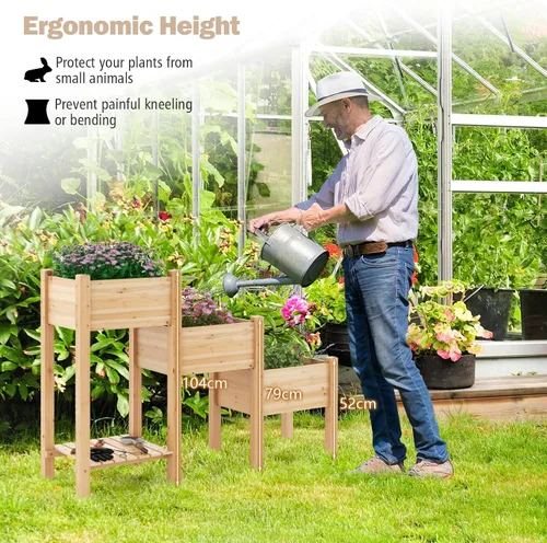 Miniatura 9 de Giantex Juego de 3 camas de jardín elevadas, jardinera de madera con estante de almacenamiento, camas elevadas para frutas, verduras, flores, Natural