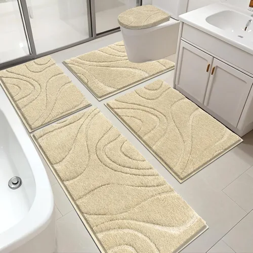 Miniatura 15 de Juego de alfombras de baño HEBE de 5 piezas, tapete de baño de microfibra suave y absorbente para el baño, juego de alfombras de baño antideslizante