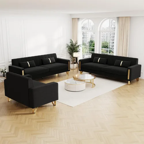 Miniatura 20 de Sofá cama modular de tela de terciopelo de 85.62 pulgadas, 3 asientos, fácil de montar con 2 almohadas de sofá, patas de metal dorado para sala