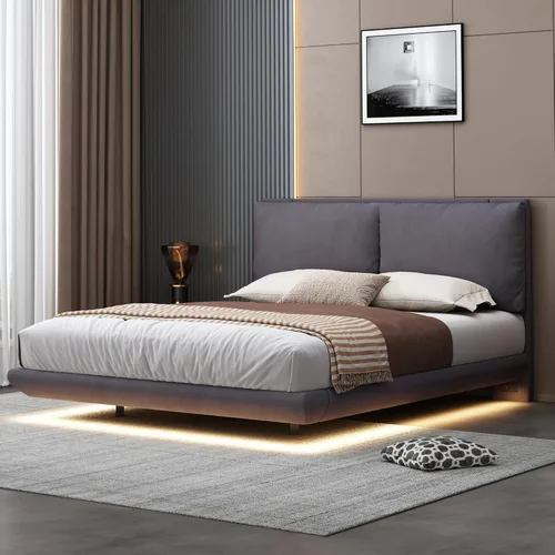 Miniatura 21 de Cama de plataforma flotante, marco de cama de madera tamaño individual con rayas claras, tela de lino suave y cabecera de diseño capitoné