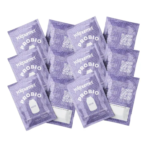 Yogourmet Kéfir Starter con probióticos (12 sobres = 12 cuartos de galón de kéfir) - Haz kéfir en casa - Cultivo básico - Todo natural, sin gluten,