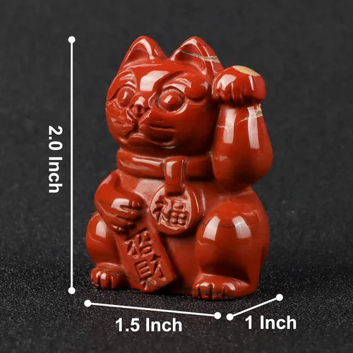 Miniatura 2 de Artistone Figura coleccionable de cristal de jaspe rojo Maneki Neko Money Feng Shui Fortune Lucky Cat Escultura de piedras preciosas para atraer