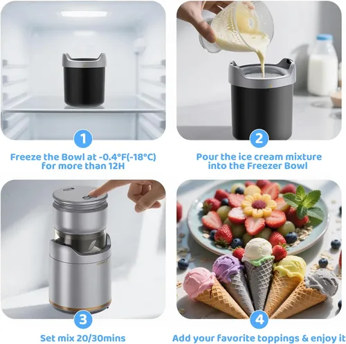 Miniatura 5 de BRIOBITE Máquina de helados, máquina de helado suave recargable con bajo ruido, compacta para 1-2 porciones, perfecta para sorbete, gelato, yogur
