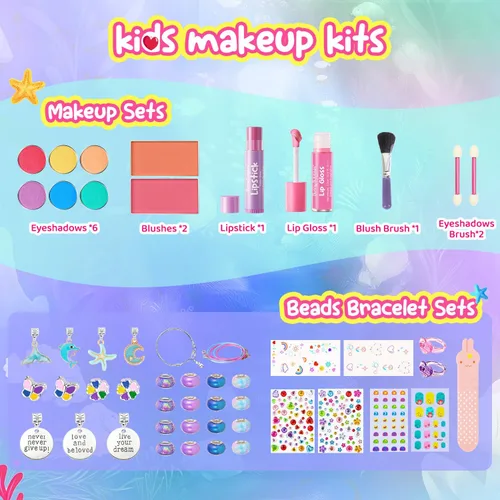 Miniatura 8 de Juegos de maquillaje para niñas – Juego de cosméticos reales lavables con fabricación de joyas para niños, kit de pulsera de maquillaje de princesa
