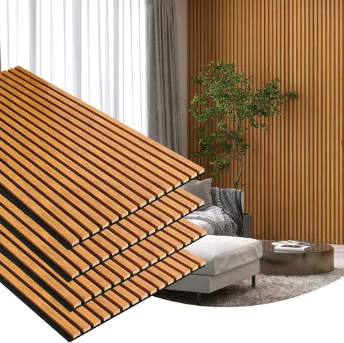 Miniatura 12 de Gaahing Paquete de 2 paneles de pared con acabado de madera, paneles acústicos de listones 3D para estudio de grabación, oficina, decoración Nogal