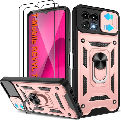 Miniatura 119 de ATUMP Funda para T-Mobile Revvl V Plus 5G con protector de pantalla HD con cubierta de cámara deslizante, soporte de anillo de rotación de 360° Negro
