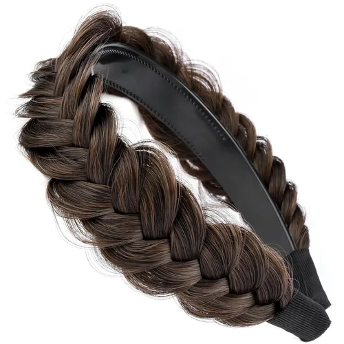 Miniatura 34 de Ancho de 1.5 cm Banda de pelo sintético trenzada estrecha con dientes para mujeres y niñas (Negro)
