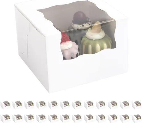 25 cajas para pastel enrollado, cajas de panadería blancas con ventana, 5x5x3.5 pulgadas, cajas para galletas, contenedor para pastel de calabaza,