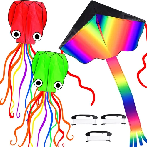 Paquete de 3 cometas de pulpo – Cometas de playa 3D para personas y niños (azul, verde, rojo) – Fácil de volar, kit de cometa con cuerda de 39.9 pies