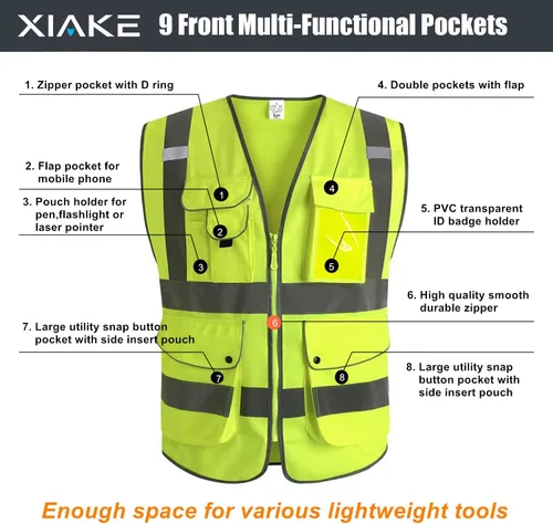 Miniatura 2 de XIAKE Chaleco de seguridad reflectante de alta visibilidad con 9 bolsillos clase 2 para hombres y mujeres, cumple con las normas ANSI/ISEA