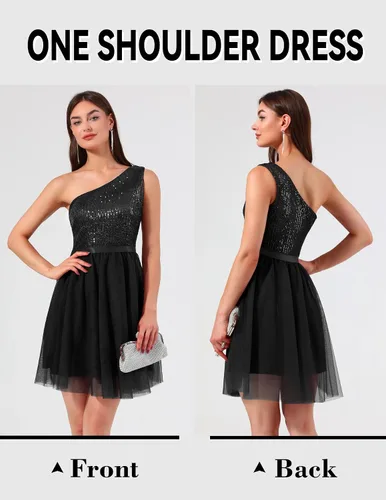 Miniatura 2 de BeryLove Vestido de lentejuelas para mujer, con purpurina brillante, un hombro, vestido de fiesta, club, vestido de fiesta bodycon vestido