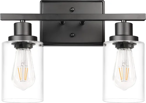 Ascher 2 luces de pared, lámpara de tocador moderna con acabado negro, luz de pared con pantalla de vidrio transparente para espejo, pasillo,