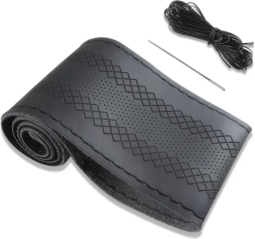 Miniatura 7 de Funda de volante de cuero negro, envoltura con costura, funda de volante de vaca transpirable para coche, tamaño estándar de 15 pulgadas (Tipo A)