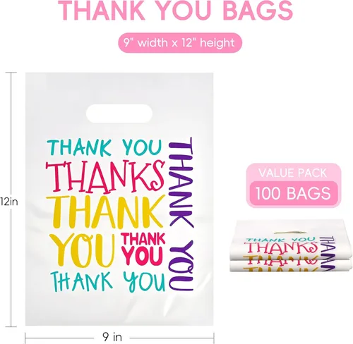 Miniatura 2 de Bolsas de plástico con texto en inglés "Thank You", 9 x 12 pulgadas, coloridas bolsas de regalo pequeñas con mango troquelado, paquete de 100 bolsas