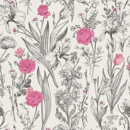VEELIKE Papel tapiz de dibujo floral gris para despegar y pegar, papel tapiz de flores rosas de 17.7 x 118 pulgadas, papel de pared botánico vintage