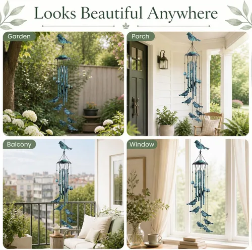 Miniatura 6 de Campanillas de viento de pájaros para exteriores, campanillas de viento para exteriores con 4 tubos grandes de aluminio y gancho en S - decoración