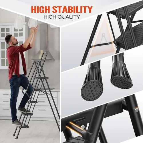Miniatura 7 de LUISLADDERS Escalera de 5 escalones con barandillas, taburete plegable con pedal antideslizante ampliado, escalera ligera de 5 escalones plegable