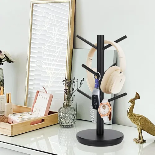 Miniatura 5 de MyLifeUNIT Árbol Portatarjetas, Soporte para Tazas Giratorias 360° con 6 Ganchos, Organizador de Soporte para Tazas de Café de Madera para Encimera